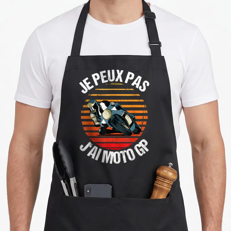 Tablier de cuisine noir avec illustration vintage d'un pilote de Moto GP et le texte Je peux pas j'ai Moto GP.