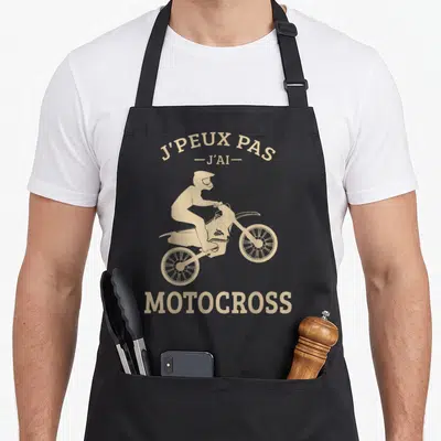Tablier de cuisine noir avec silhouette de motard et texte J'peux pas j'ai motocross en beige