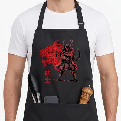 Tablier de cuisine noir avec illustration rouge d'un samouraï guerrier et un dragon stylisé en arrière-plan.