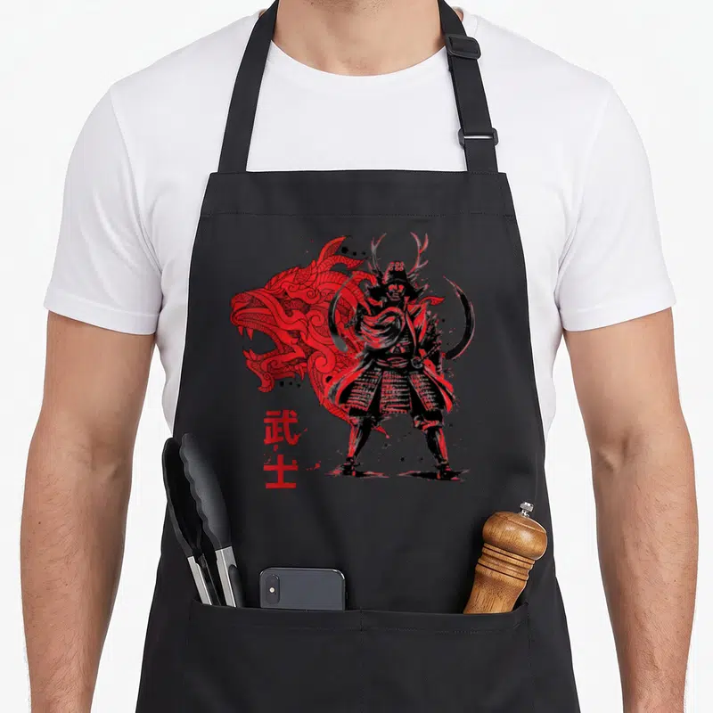 Tablier de cuisine noir avec illustration rouge d'un samouraï guerrier et un dragon stylisé en arrière-plan.