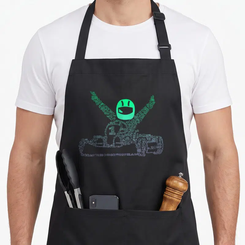 Tablier de cuisine noir avec un pilote de karting vert formé par des icônes de course et de vitesse.