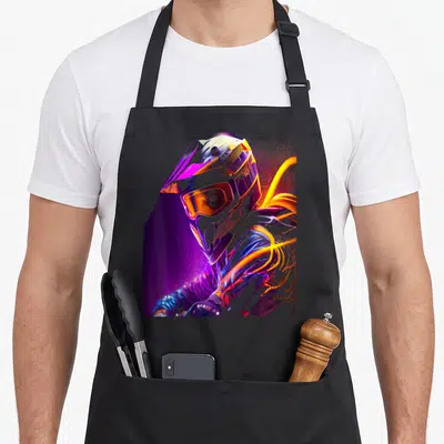Tablier de cuisine noir avec illustration colorée d'un casque de moto-cross aux effets lumineux néon.