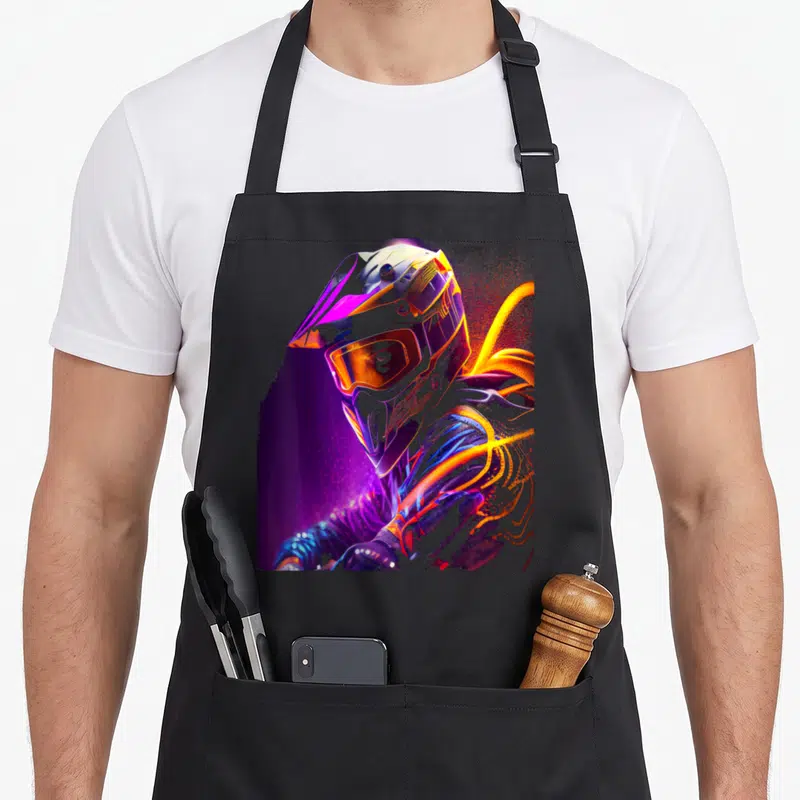 Tablier de cuisine noir avec illustration colorée d'un casque de moto-cross aux effets lumineux néon.