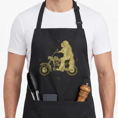 Tablier de cuisine noir avec illustration d'un chef amérindien au volant d'une moto custom vintage dans un motif circulaire.