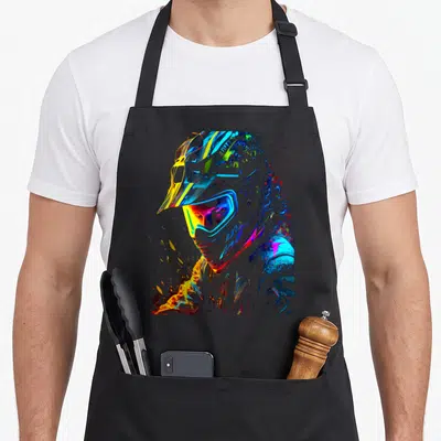 Tablier de cuisine noir avec illustration colorée d'un casque de motocross biker aux éclats.