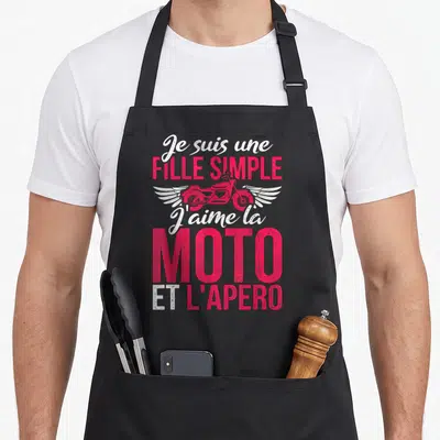 Tablier de cuisine noir avec inscription Fille simple J'aime la Moto et l'apéro et illustration de moto aux ailes roses.