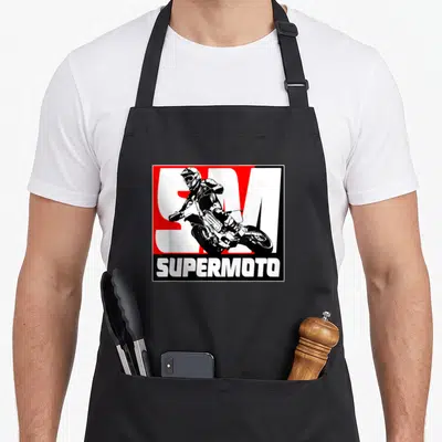 Tablier de cuisine noir avec illustration d'un supermotard et le texte SUPERMOTO en blanc.