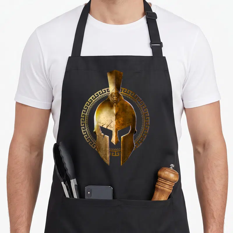 Tablier de cuisine noir avec un casque spartan doré entouré d'un cercle à motifs géométriques antiques.