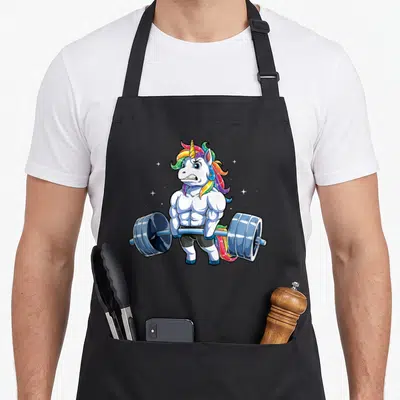 Tablier de cuisine noir avec illustration d'une licorne musclée soulevant une barre de poids bleue et des étoiles scintillantes.