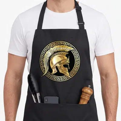 Tablier de cuisine noir avec illustration casque sparte doré et frise grecque circulaire.