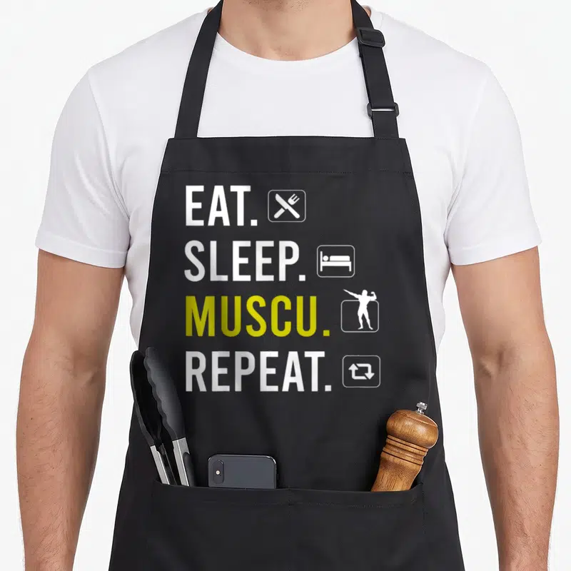 Tablier de cuisine noir avec l'inscription Eat Sleep Muscu Repeat et des icônes blanches et jaunes.