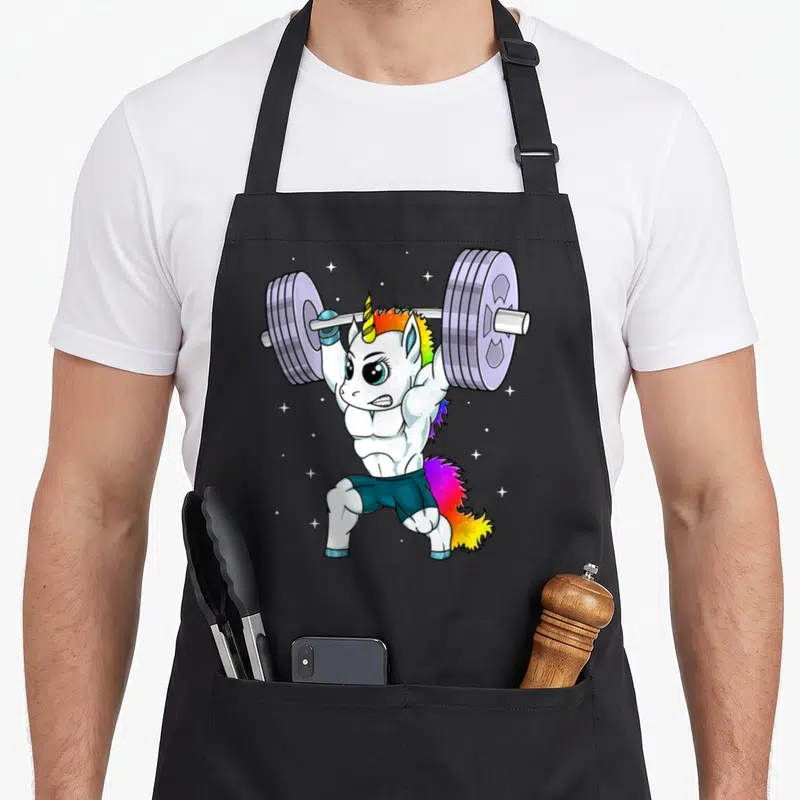 Tablier de cuisine noir avec un Manly Unicorn musclé soulevant une barre de poids colorée.