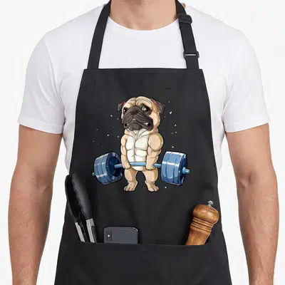 Tablier de cuisine noir avec illustration d'un carlin musclé soulevant une barre de poids bleue en position de lift.