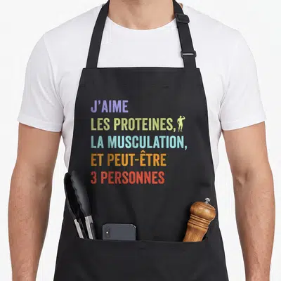 Tablier de cuisine noir avec texte coloré J'aime les protéines la musculation et peut-être 3 personnes