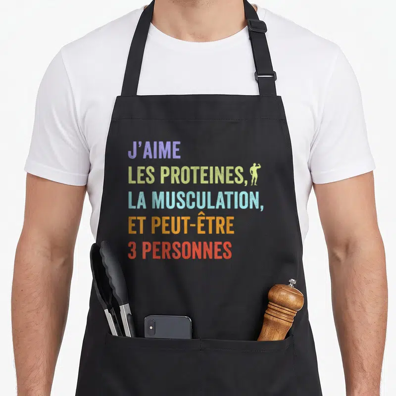 Tablier de cuisine noir avec texte coloré J'aime les protéines la musculation et peut-être 3 personnes