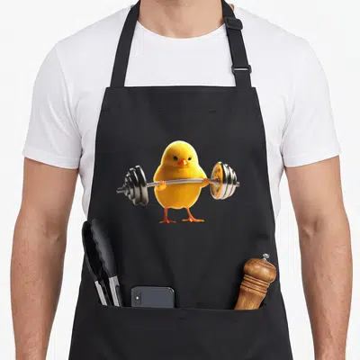 Tablier de cuisine noir avec un poussin jaune soulevant une barre d'haltères métallique en position d'entraînement.