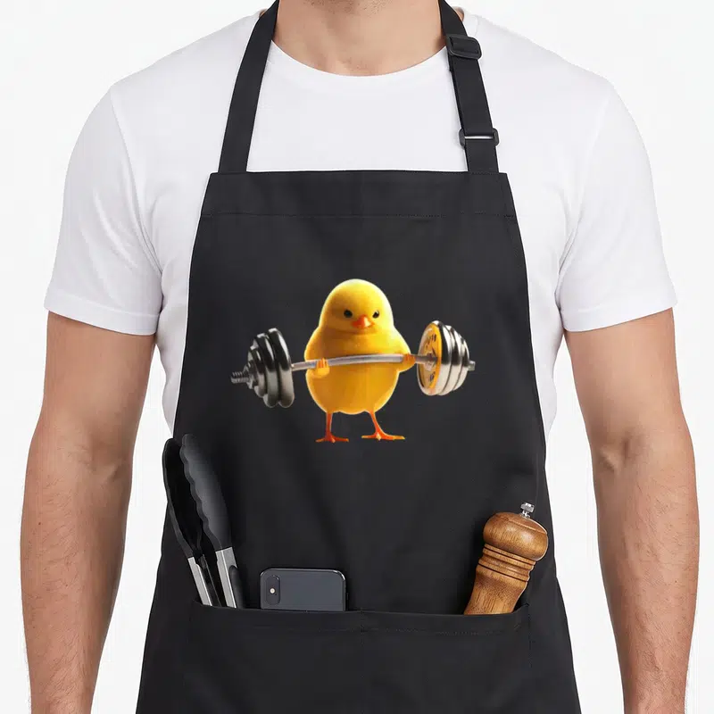 Tablier de cuisine noir avec un poussin jaune soulevant une barre d'haltères métallique en position d'entraînement.