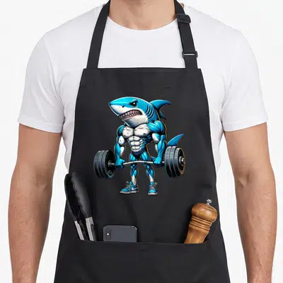 Tablier de cuisine noir avec un requin bleu aux muscles imposants soulevant une barre de poids lourde.
