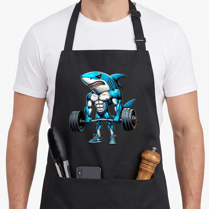 Tablier de cuisine noir avec un requin bleu aux muscles imposants soulevant une barre de poids lourde.