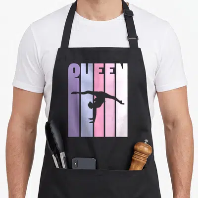 Tablier de cuisine noir avec silhouette gymnaste et texte QUEEN coloré vertical