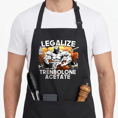 Tablier de cuisine noir avec illustration d'un culturiste soulevant une barre et le texte Legalize Trenbolone Acetate