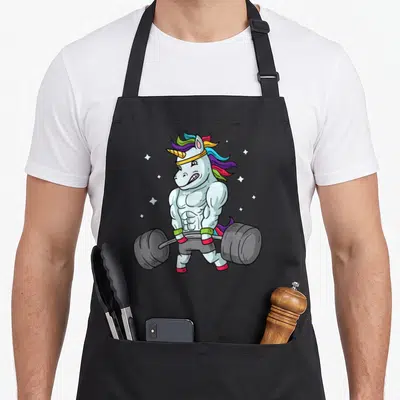 Tablier de cuisine noir avec illustration d'une licorne musculée soulevant une barre de poids.