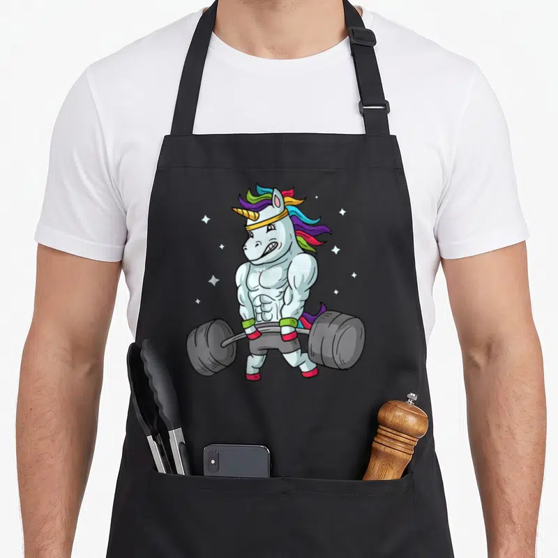 Tablier de cuisine noir avec illustration d'une licorne musculée soulevant une barre de poids.