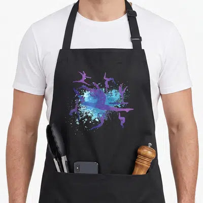Tablier de cuisine noir avec une illustration colorée de silhouettes de gymnastique en mouvement.