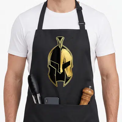 Tablier de cuisine noir avec illustration casque spartan doré et noir stylisé sur le devant.