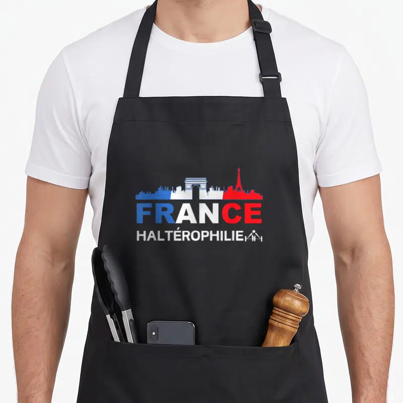 Tablier de cuisine noir avec skyline France drapeau et texte Haltérophilie blanc