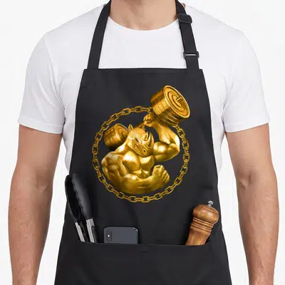 Tablier de cuisine noir avec illustration d'un rhino musclé doré tenant une barre et entouré d'une chaîne.