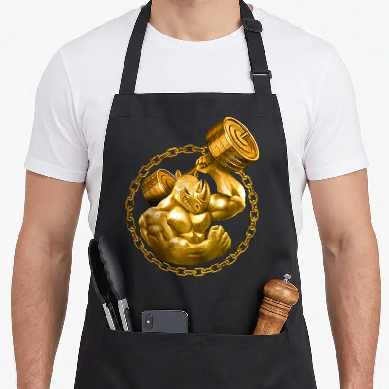 Tablier de cuisine noir avec illustration d'un rhino musclé doré tenant une barre et entouré d'une chaîne.