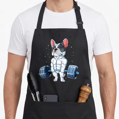 Tablier de cuisine noir avec illustration d'un bulldog français haltérophile musclé tenant une barre de poids bleue.