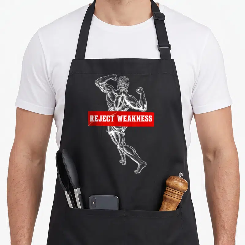 Tablier de cuisine noir avec illustration blanche d'un athlète classique et texte Reject Weakness sur fond rouge.