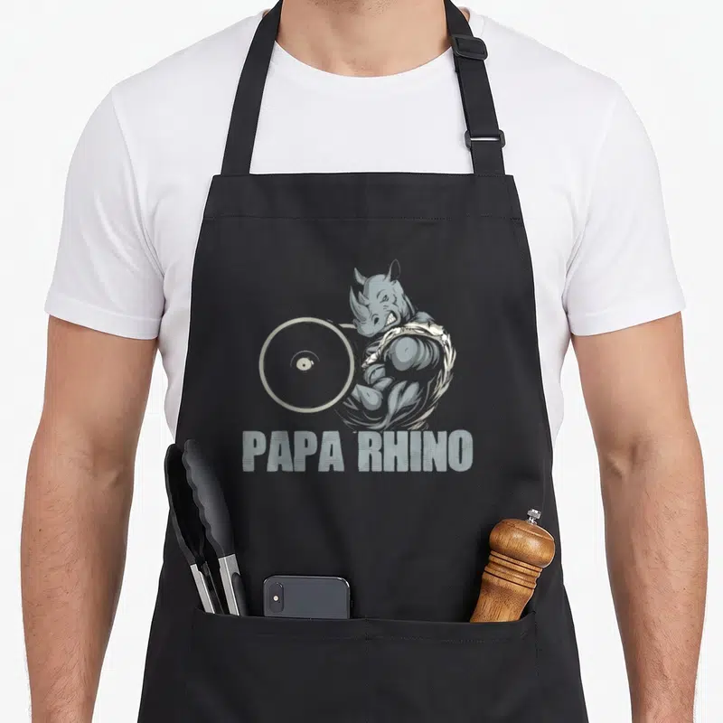 Tablier de cuisine noir avec illustration d'un papa rhinocéros musclé soulevant une barre et le texte Papa Rhino.