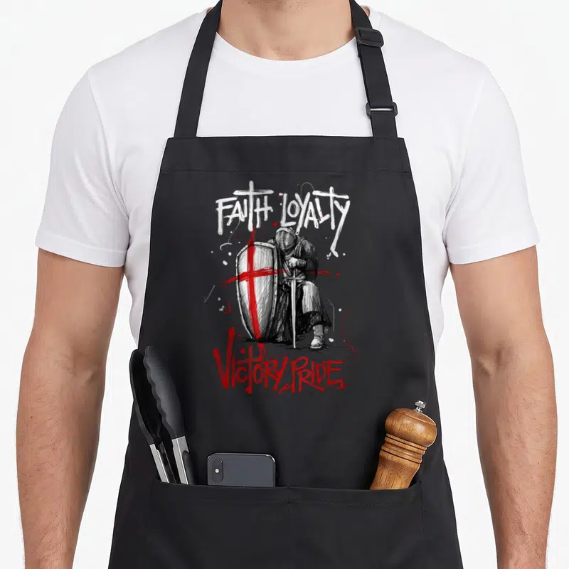 Tablier de cuisine noir avec illustration d'un chevalier agenouillé tenant une épée et un bouclier à croix rouge.