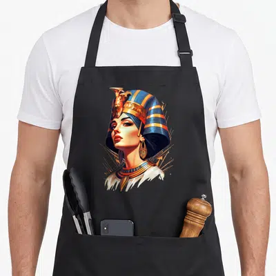 Tablier de cuisine noir avec portrait stylisé de Cléopâtre reine égyptienne aux couleurs vives et coiffe traditionnelle.