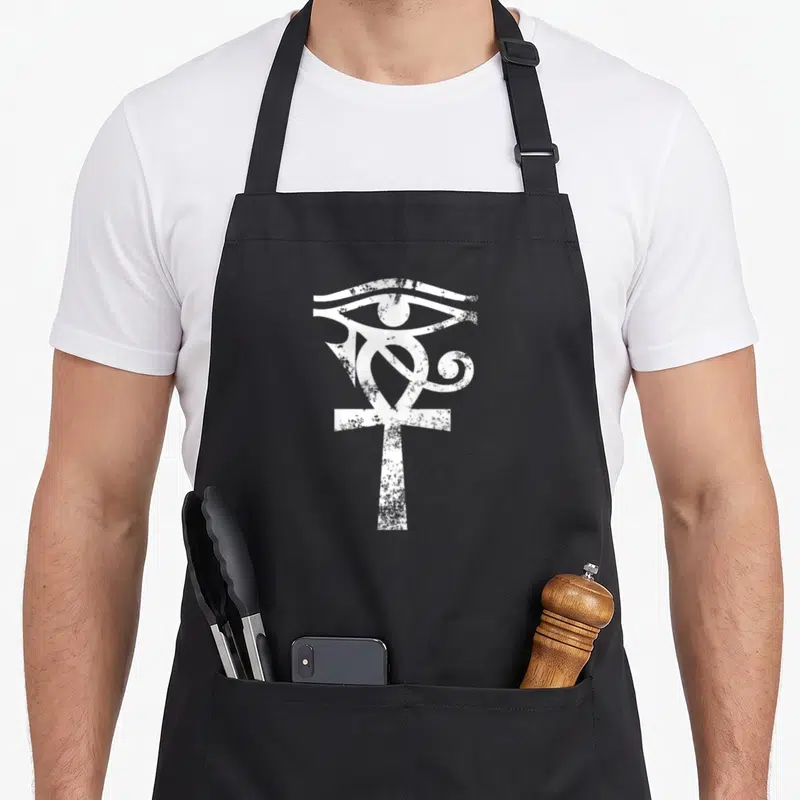 Tablier de cuisine noir avec un grand symbole blanc représentant l'œil égyptien et la croix ankhée au centre.