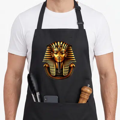 Tablier de cuisine noir avec le masque doré de Toutankhamon et ses rayures nébesh.