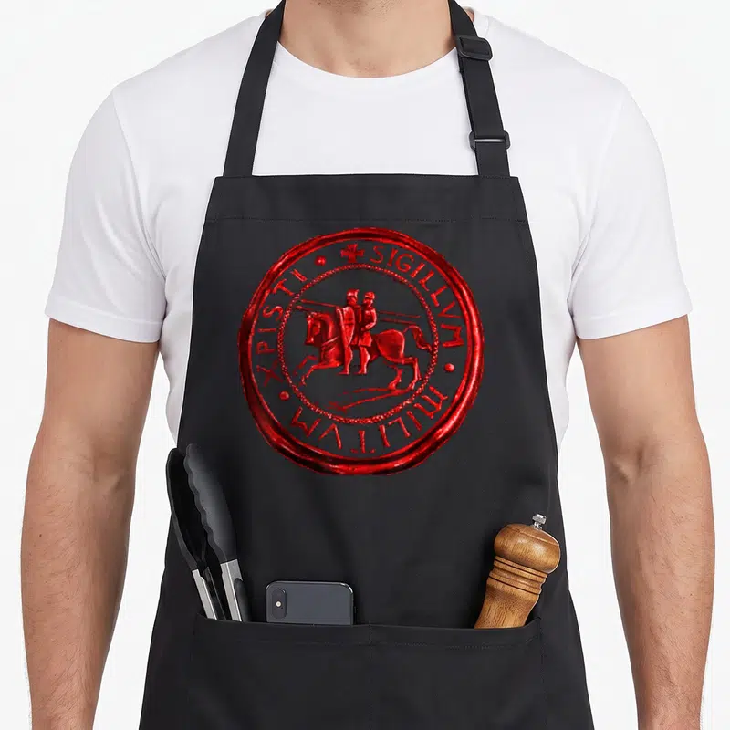 Tablier de cuisine noir avec un grand sceau rouge circulaire représentant deux chevaliers sur un cheval et une inscription latine.