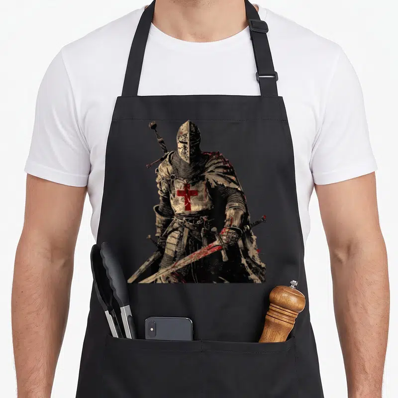 Tablier de cuisine noir avec illustration d'un chevalier templier en armure et croix rouge tenant une épée ensanglantée.