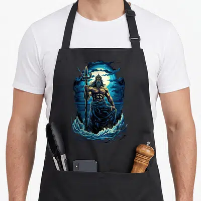 Tablier de cuisine noir avec une illustration colorée du dieu Poséodon debout dans les vagues sous la pleine lune.