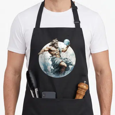Tablier de cuisine noir avec illustration circulaire d'Atlas titan grec tenant une sphère bleue sur fond texturé blanc et gris.
