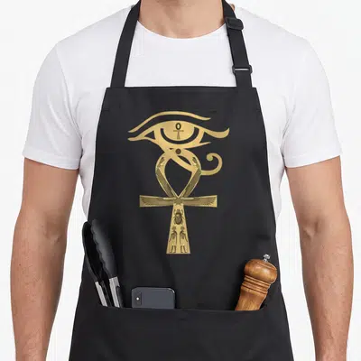 Tablier de cuisine noir avec un grand œil de Horus doré surmontant une croix Ankh ornée d'ailes et de scarabées.