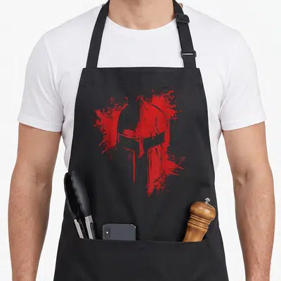 Tablier de cuisine noir avec illustration casque templier rouge style splatter et texte Deus Vult