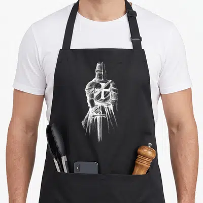 Tablier de cuisine noir avec illustration blanche d'un chevalier templier en armure tenant une épée.
