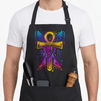 Tablier de cuisine noir avec une Clé de Vie Ankh multicolore surmontée d'ailes bleues et de symboles géométriques.