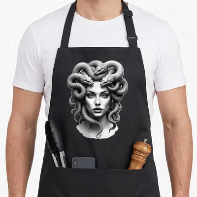 Tablier de cuisine noir avec illustration détaillée du visage de Méduse et ses serpents entrelacés.