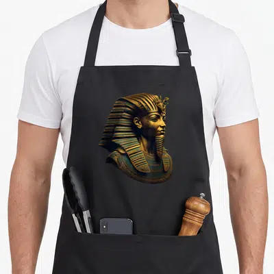 Tablier de cuisine noir avec buste doré et turquoise d'un Roi Pharaon Toutankhamon coiffé du némès.