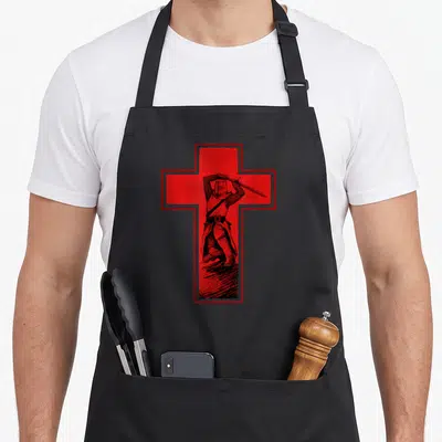 Tablier de cuisine noir avec illustration d'un chevalier templier brandissant un sabre devant une croix rouge.